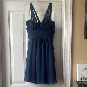 Blue Ruched Midi Sundress for Wedding Guest